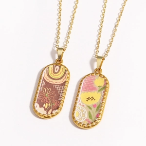 14k gold-plated tarot necklaces with fabric oval pendants in brown and yellow patterns