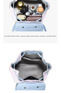Internal storage detail of contrast color backpack showing items like a phone and wallet