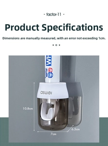 Detail showing wall-mounted automatic toothpaste squeezer with dimensions 10.8x7x6.5cm