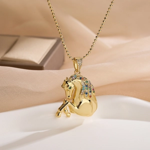 Golden horse pendant necklace with colorful zircon inlay and elegant bead chain