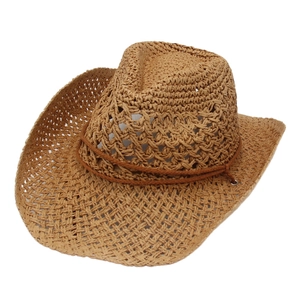 Classic straw western cowboy hat with brown decorative rope on a plain white background
