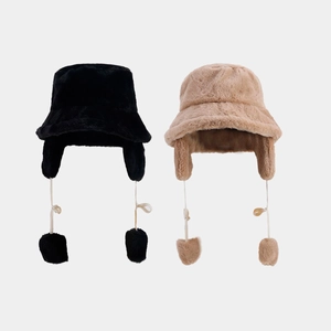 Faux Fur Ear Flap Bucket Hat Winter Warm Plush Fisherman Cap With Pom Pom Ties Windproof Thick Solid Color For Women