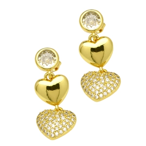 18k gold plated heart earrings with sparkling cubic zirconia in three-tier dangle design