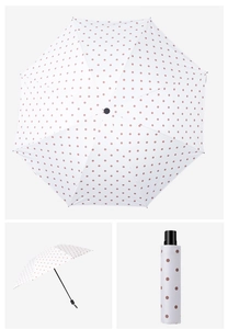 Three-way view of white polka dot folding umbrella showing open canopy and compact storage