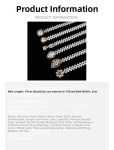 Detailed technical chart of elastic pearl waist chain with size and material specifications