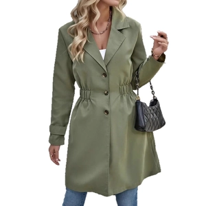 Detail of olive green waist-cinched trench coat with single-breasted buttons and pleats