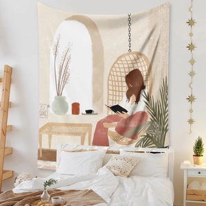 Detail view of a bohemian wall tapestry showing a woman reading in a hanging chair