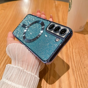 Blue glitter phone case for Samsung with MagSafe magnetic ring on wooden table