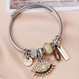 DIY stainless steel evil eye charm bracelet with purple beads on pink silk