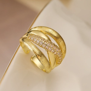 18K gold plated multi-layer crisscross ring with micro-pave zircons and brushed texture