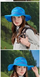 Detail of blue outdoor sun hat featuring breathable mesh panels and adjustable wind cord