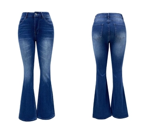 Detailed front and back view of high-waist flared jeans in dark blue wash denim fabric