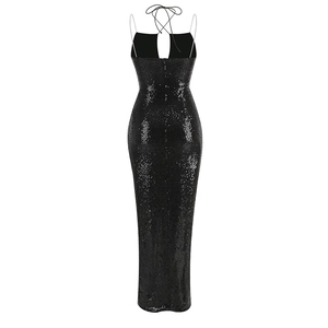 Robe longue sexy à paillettes noires avec dos nu pour les soirées et les clubs de nuit