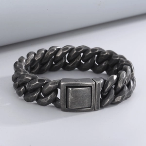 Men Cuban Chain Bracelet 316L Stainless Steel Hammered Texture Antique Silver Punk Retro Industrial Style Heavy Jewelry