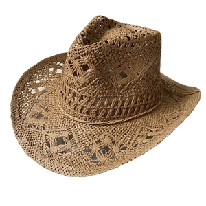 Brown woven straw cowboy hat with cutout patterns and sun protection for men and women