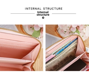 Pink faux leather long wallet interior view showing multiple card slots and phone pocket