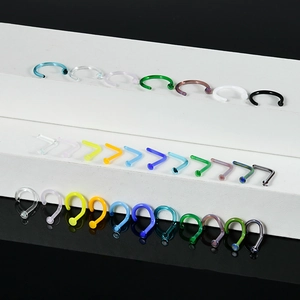 Colorful acrylic nose ring set with L-shape and C-shape studs on white display stand