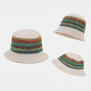 Chapeau Bob En Coton Crocheté À La Main Rayures Arc-En-Ciel Bohème Chapeau De Soleil Pour Femmes Vacances