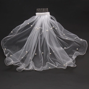 Short Bridal Wedding Veil With Faux Artificial Pearl Beaded Mesh Tulle And Metal Hair Comb For Bride Wedding Party Hair Accessories