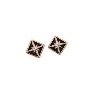 16K gold plated diamond shape stud earrings with black inlay and sparkling starburst