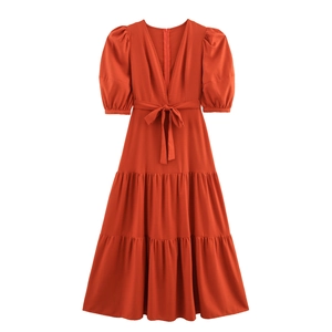 V Neck Puff Sleeve Tiered Maxi Dress Solid Color Bow Tie Waist Polyester Elegant French Style Women