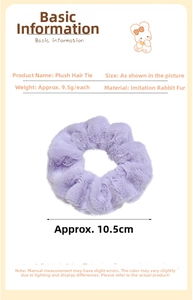 Detail showing plush purple hair scrunchie dimensions 10.5cm and 9.5g lightweight material