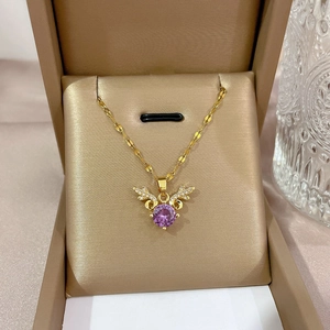 Deer Antler Pendant Necklace Stainless Steel Chain Copper Purple Zircon Elegant Clavicle Jewelry For Women