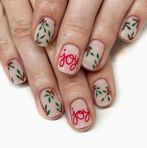 Faux Ongles À Presser Thème De Noël Motif Feuilles De Baies Rose Nude Ongles Artificiels Pour Femmes