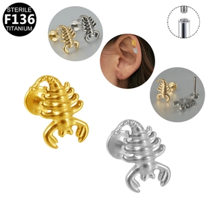 G23 titanium scorpion labret stud with white zircon, internally threaded body jewelry