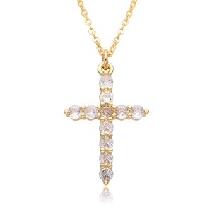 Detailed view of golden cross pendant featuring eleven sparkling micro-set round zircons