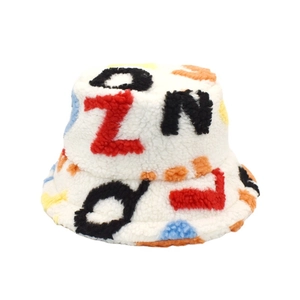 Winter faux lamb wool bucket hat with colorful letter embroidery on white plush fabric