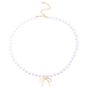 Elegant white pearl necklace featuring a golden bow pendant and adjustable lobster clasp