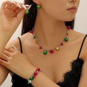 Colorful Christmas jewelry set with bell necklace, bracelet and earrings for women