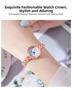 Close-up of elegant rose gold quartz watch with a white dial and metal mesh strap