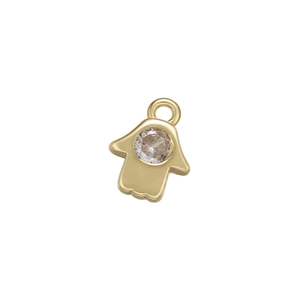Detailed view of a gold Hamsa hand pendant with a sparkling clear micro-pave zircon