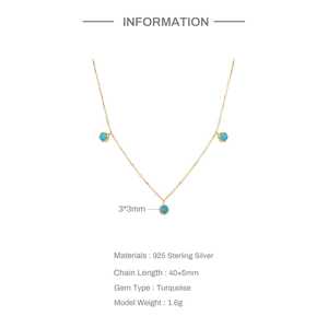 Detail view of 925 sterling silver necklace with three round turquoise stone pendants