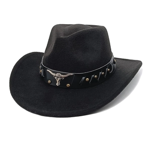 Detailed close-up of a black western cowboy hat featuring silver bull head metal decor