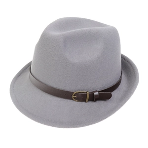 Classic grey wool felt fedora for men with dark brown leather belt and metal buckle
