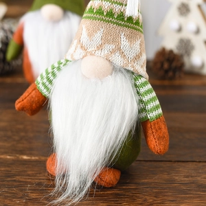 Close-up of knit texture and plush beard on a green Christmas gnome decoration