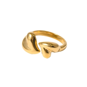 Polished gold plated stainless steel open ring with artistic 3D heart-shaped design