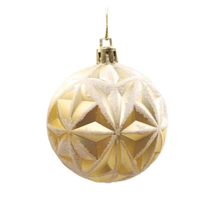 Golden Christmas ornament with 3D geometric star pattern and white glitter accents on white background