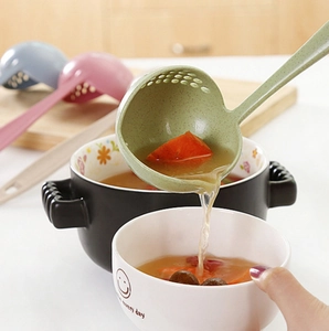 Green 2-in-1 wheat straw long handle soup ladle and strainer spoon for hot pot