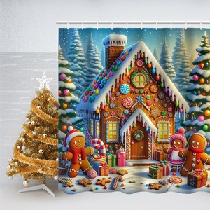 Detail view of Christmas shower curtain with gingerbread house and tree patterns