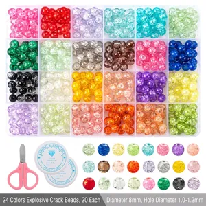 DIY jewelry kit with 24 colors of 8mm crackle glass beads, scissors and elastic thread