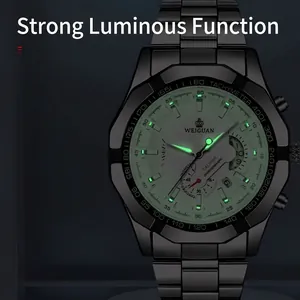 Men's all-black stainless steel luminous watch with green dial and tachymeter scale