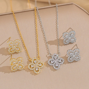 Elegant Four Leaf Clover Flower Pendant Necklace And Earrings Stainless Steel Zircon Inlaid Fashion Jewelry For Women