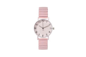 Detail of pink quartz watch with heart numeric dial and stretchable metal strap