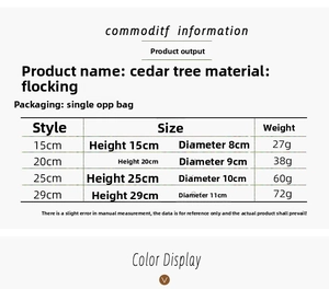 Detailed size guide for flocked snow cedar mini Christmas trees in multiple heights