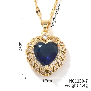 Detailed size specifications for heart pendant necklace with blue gemstone and gold plating
