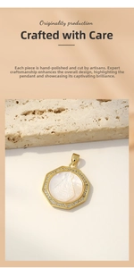 Macro shot of an octagonal gold plated pendant with mother of pearl and zircon details